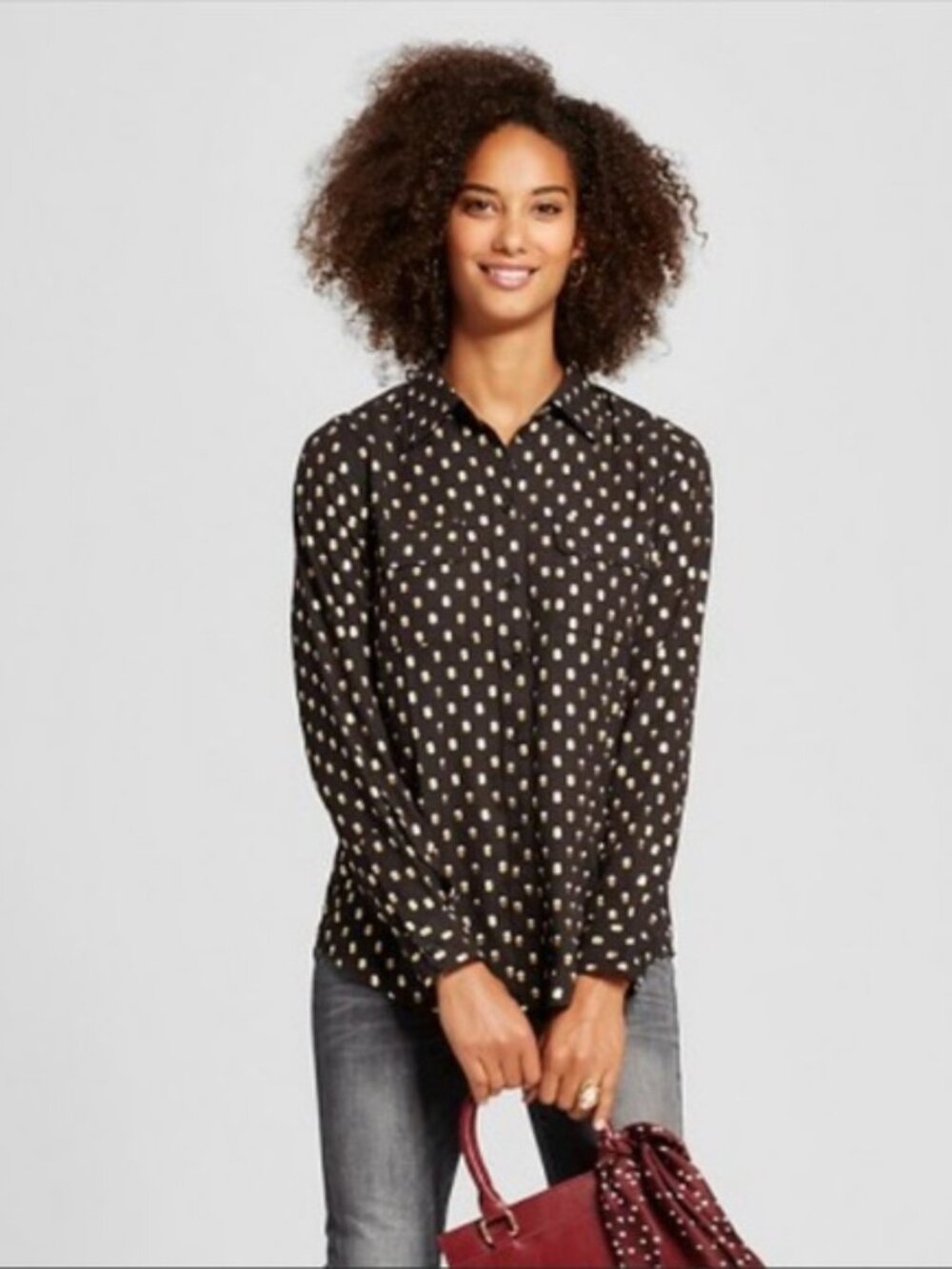 Who What Wear Black Gold Polka Dot button down top